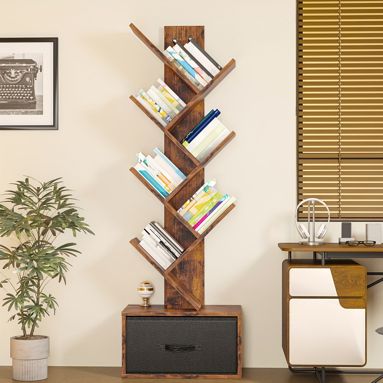TOMNK 6 Shelf Bookshelf With Drawer, Tree Book Shelf, Bookshelves Storage Rack For CDs\u002FMovies\u002FBooks, Rustic Brown Bookcase, Provides Great Stability And Durability, For Living Room, Bedroom, Home Decor, Easy To Install, Saves Space
