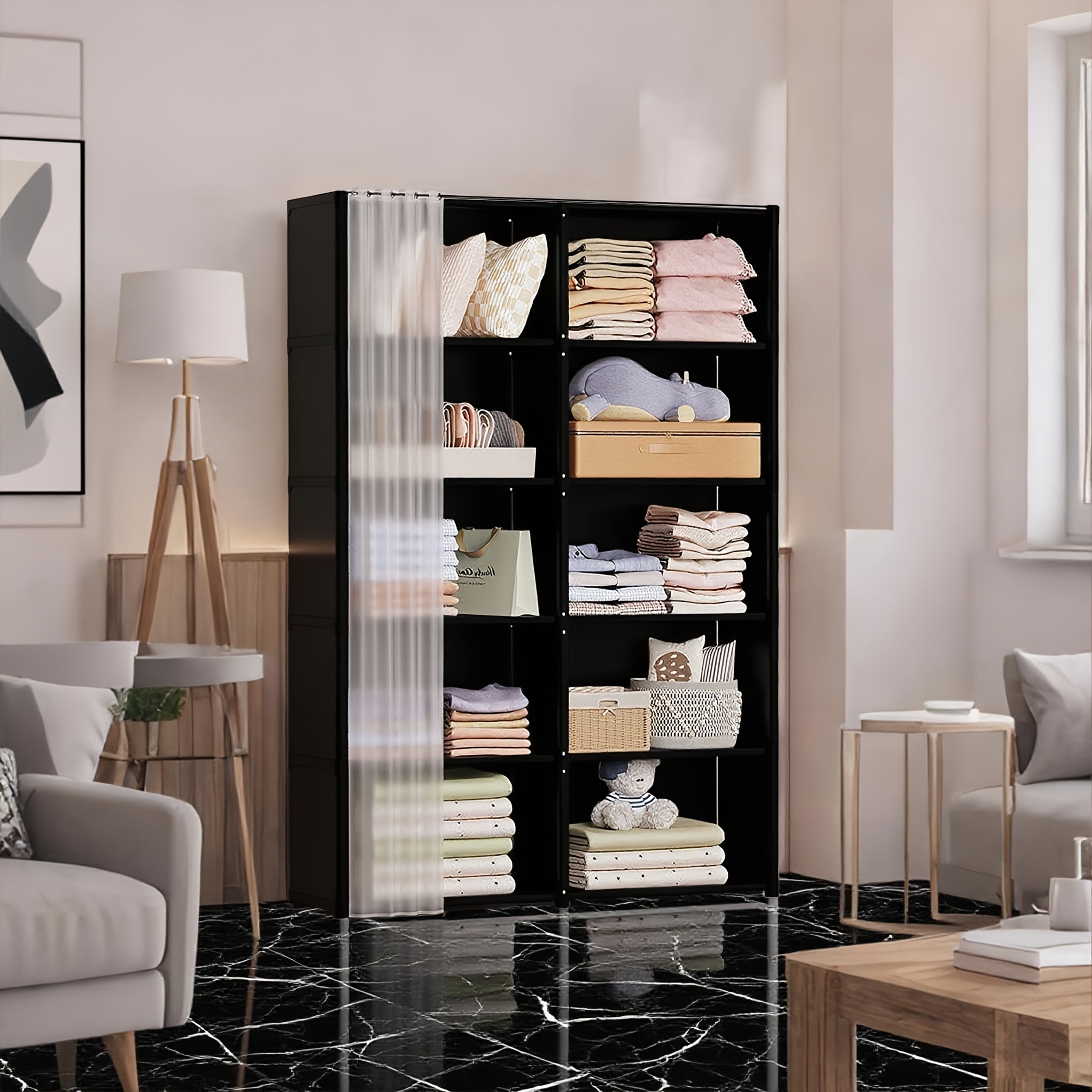 Large Capacity Bookcase Wardrobe - Heavy-Duty Plastic Modern White & Black Shelves, No Assembly Required, Freestanding Dustproof Storage Cabinet with 27\