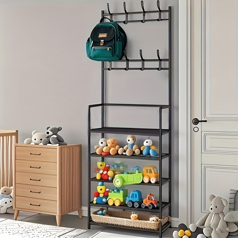 This 5-layer Multi-functional Storage Rack And Bookshelf Comes With 8 Hooks, With A Total Height Of 65 Inches. It Is Suitable For Toy Storage In Bedrooms And Living Rooms, Saving Space, Stabilizing The Structure, And Can Be Assembled By Yourself.