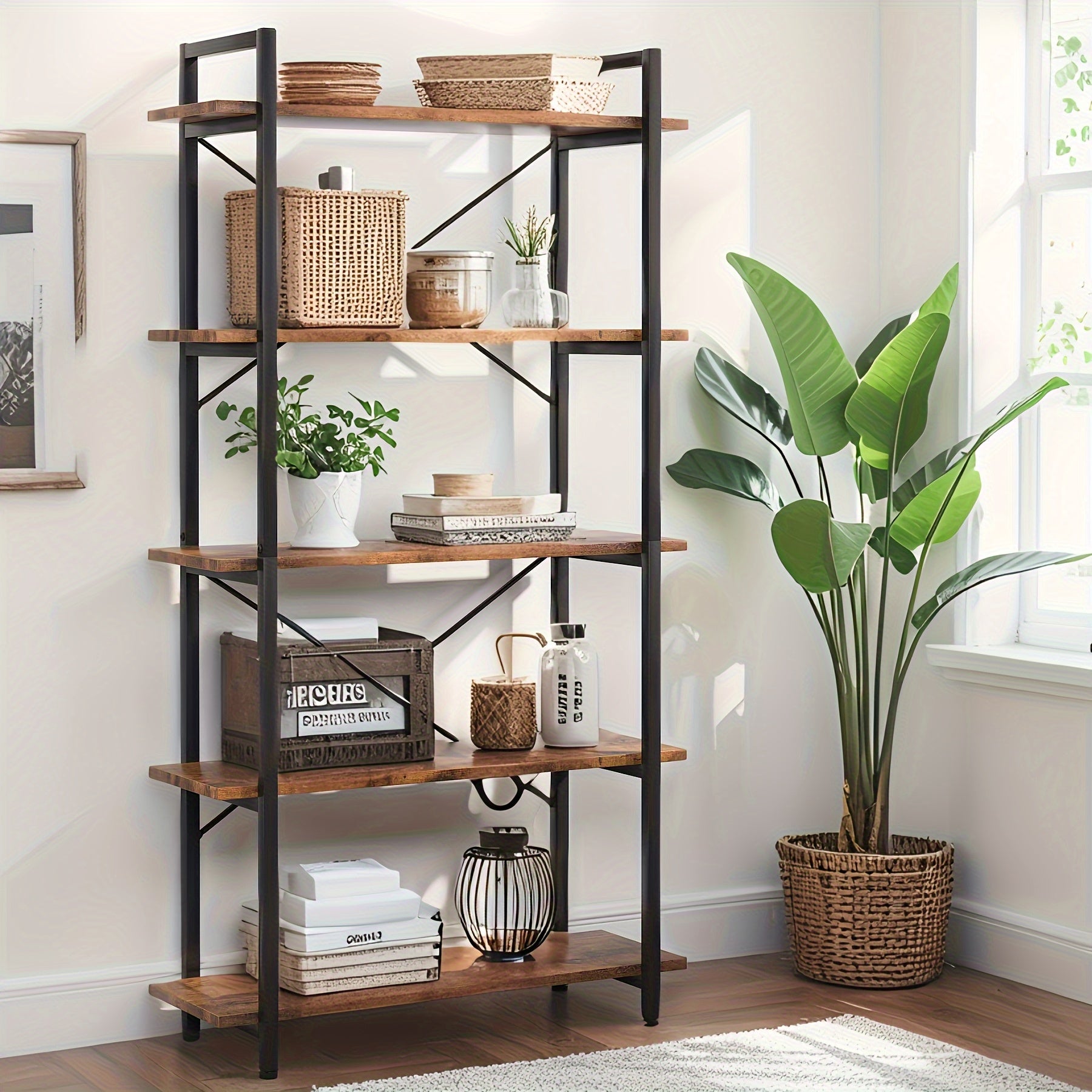 3-Tier\u002F5-Tier Metal Bookshelf - Rustic Brown Modern Classic Design, 27\