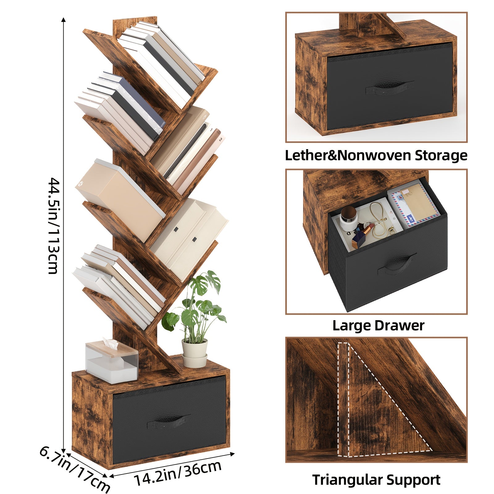 TOMNK 6 Shelf Bookshelf With Drawer, Tree Book Shelf, Bookshelves Storage Rack For CDs\u002FMovies\u002FBooks, Rustic Brown Bookcase, Provides Great Stability And Durability, For Living Room, Bedroom, Home Decor, Easy To Install, Saves Space