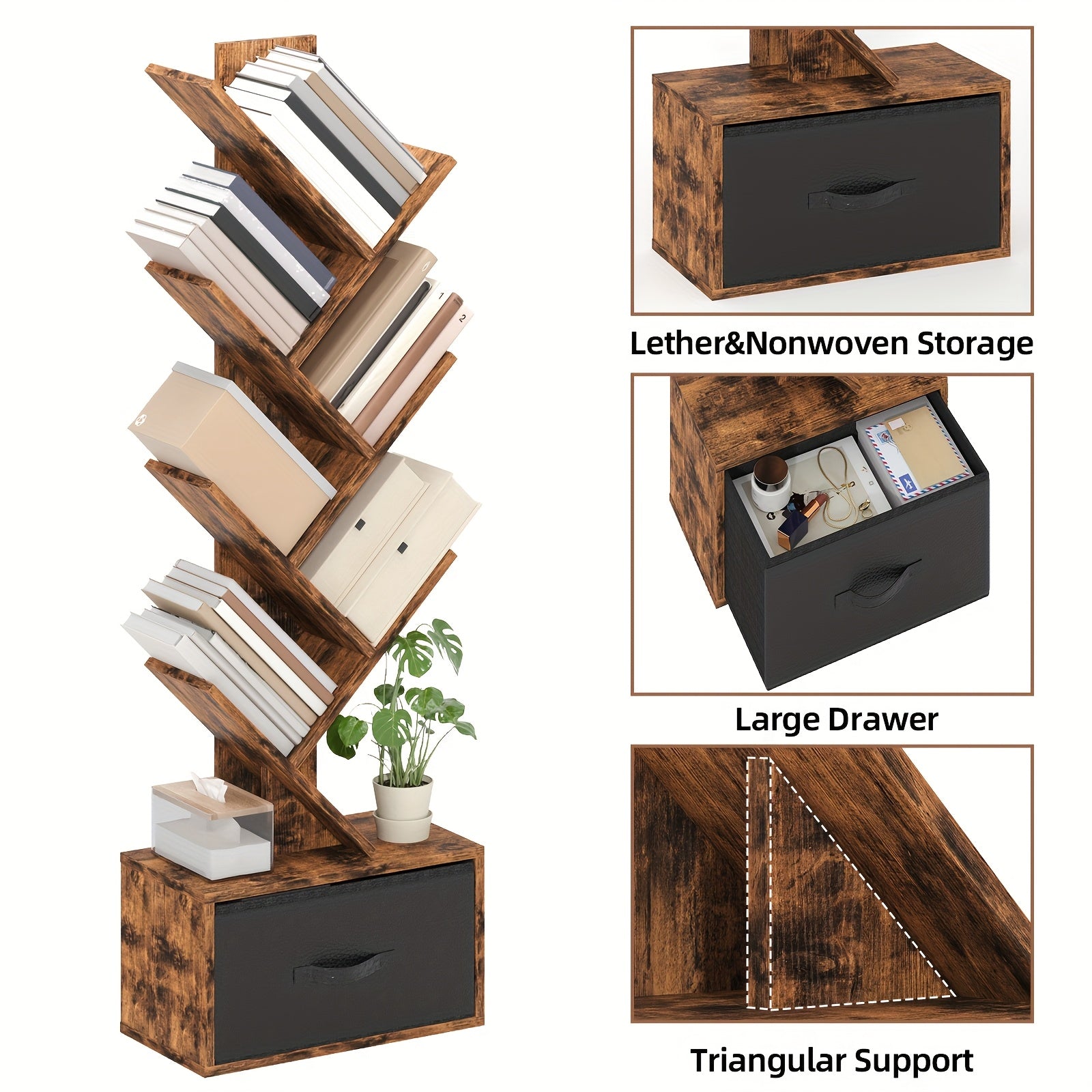 TOMNK 6 Shelf Bookshelf With Drawer, Tree Book Shelf, Bookshelves Storage Rack For CDs\u002FMovies\u002FBooks, Rustic Brown Bookcase, Provides Great Stability And Durability, For Living Room, Bedroom, Home Decor, Easy To Install, Saves Space