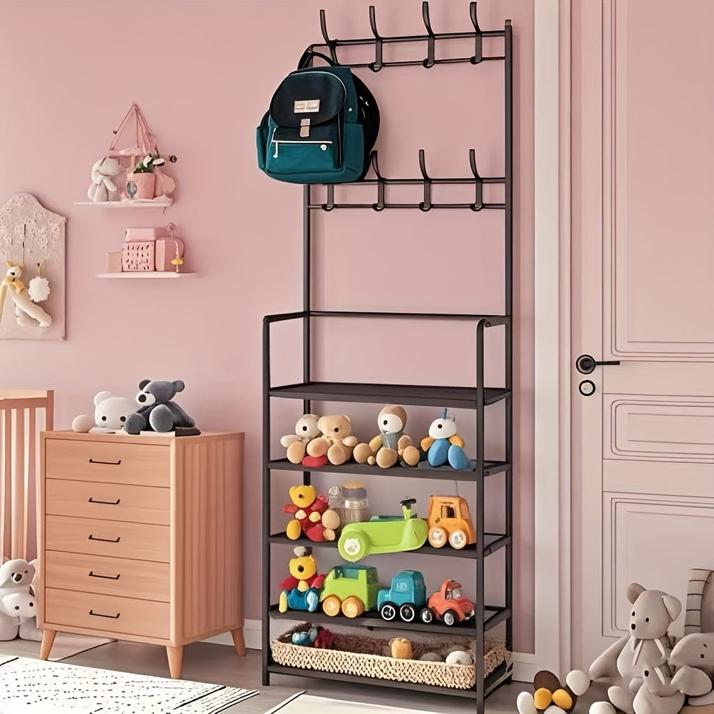 This 5-layer Multi-functional Storage Rack And Bookshelf Comes With 8 Hooks, With A Total Height Of 65 Inches. It Is Suitable For Toy Storage In Bedrooms And Living Rooms, Saving Space, Stabilizing The Structure, And Can Be Assembled By Yourself.