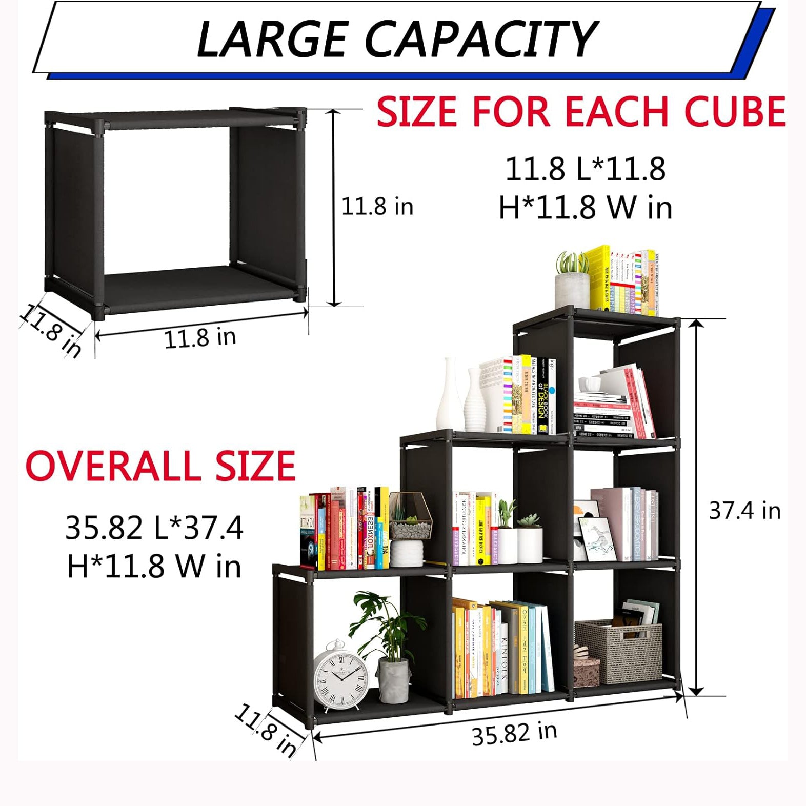 6-Cube Black Metal Bookshelf - Large Capacity, Multifunctional Storage Organizer with Easy Assembly for Home Office, Living Room, Bedroom Decor, Bookshelf Decorations