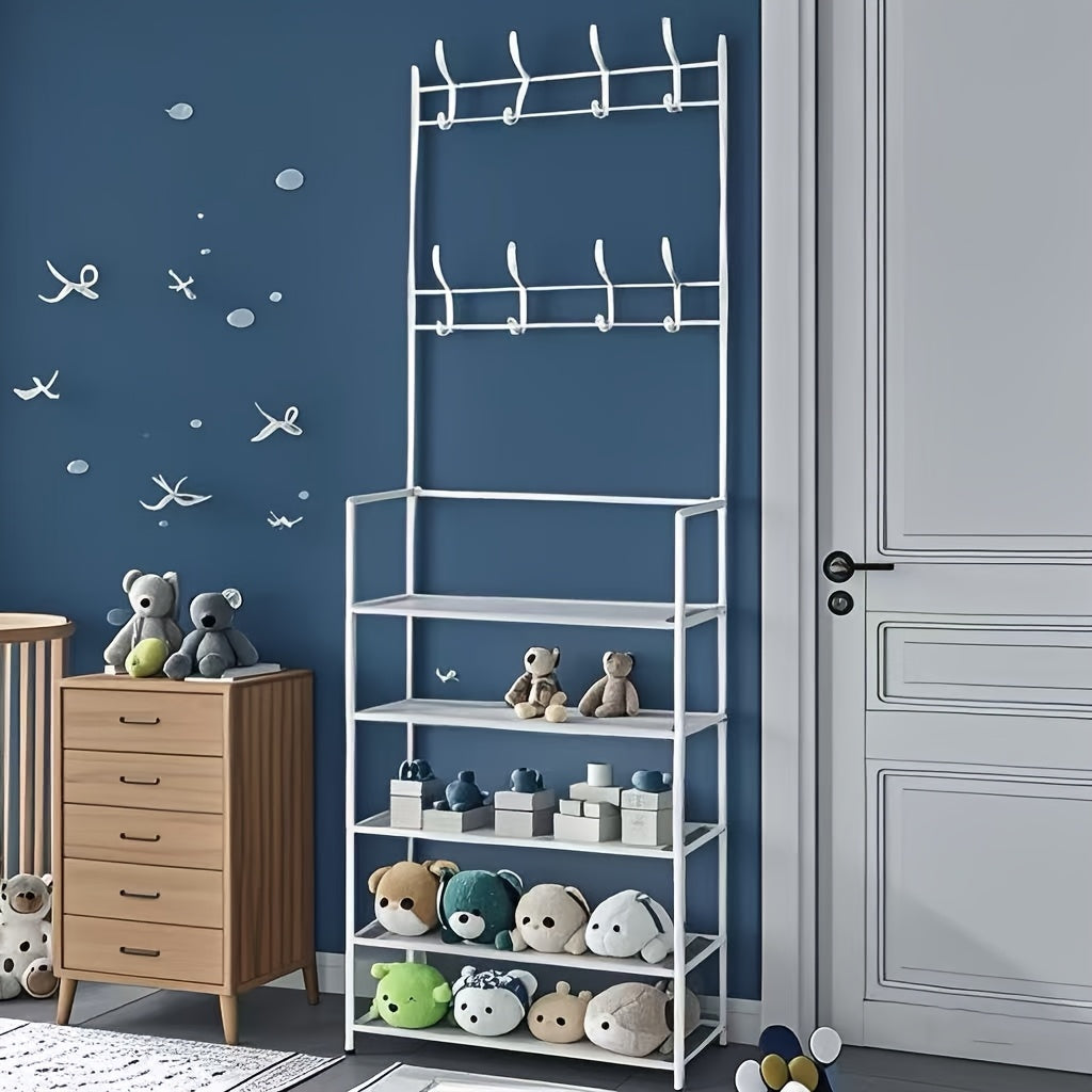 This 5-layer Multi-functional Storage Rack And Bookshelf Comes With 8 Hooks, With A Total Height Of 65 Inches. It Is Suitable For Toy Storage In Bedrooms And Living Rooms, Saving Space, Stabilizing The Structure, And Can Be Assembled By Yourself.