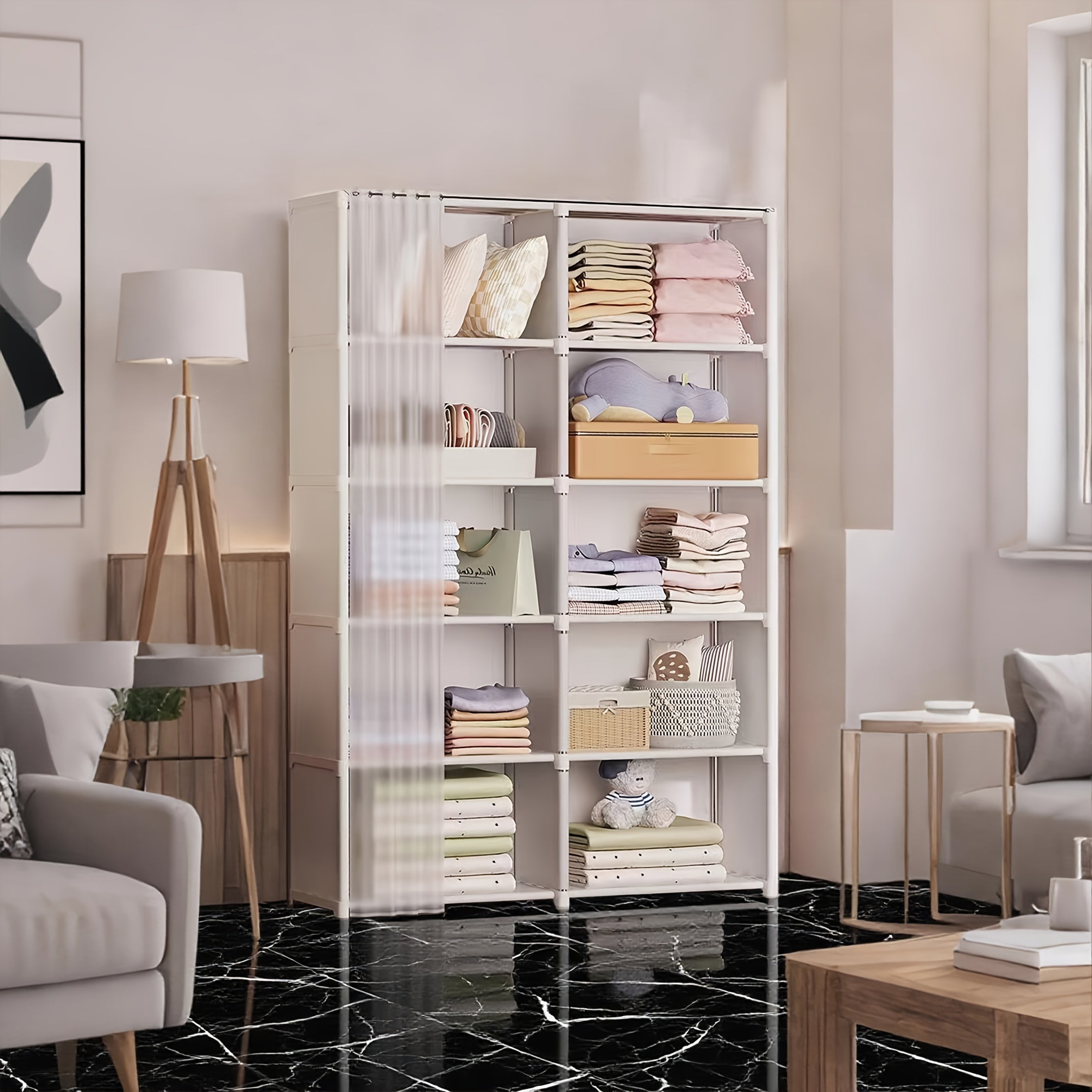 Large Capacity Bookcase Wardrobe - Heavy-Duty Plastic Modern White & Black Shelves, No Assembly Required, Freestanding Dustproof Storage Cabinet with 27\