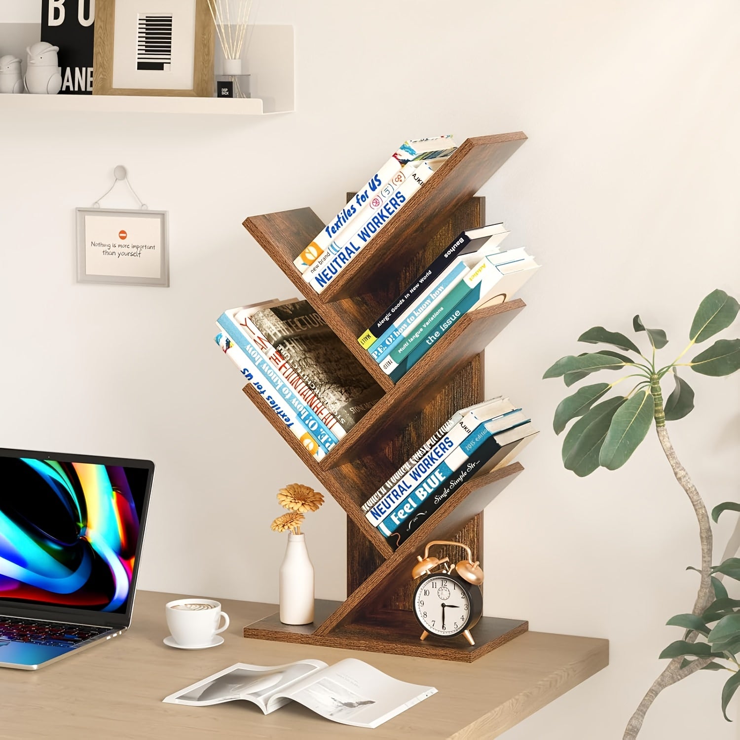 5-Tier Tree-Inspired Bookshelf - Space-Saving Wood Fiberboard Desktop Organizer with Storage, Perfect for Home Office, Living Room, or Bedroom - Holds Up to 33 lbs, Natural Brown Finish, LELELINKY