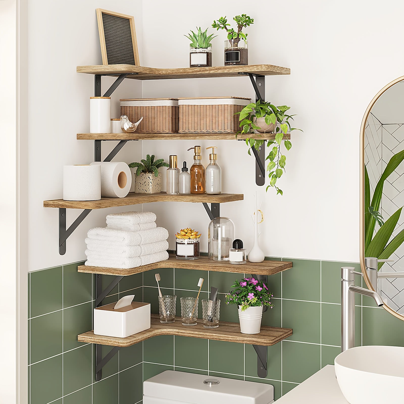 TOMNK 5pcs 16.1In Floating Shelves, Bookcases, Cabinets & Shelves, Rustic Wood Wall Mounted Corner Shelf For Bedroom, Bathroom, Kitchen, Home Decor, Laundry Room, Living Room, Light Brown, For Halloween And Christmas