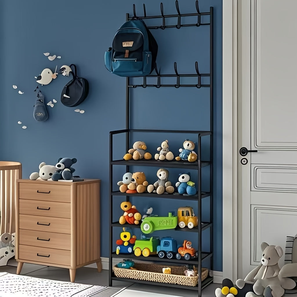This 5-layer Multi-functional Storage Rack And Bookshelf Comes With 8 Hooks, With A Total Height Of 65 Inches. It Is Suitable For Toy Storage In Bedrooms And Living Rooms, Saving Space, Stabilizing The Structure, And Can Be Assembled By Yourself.