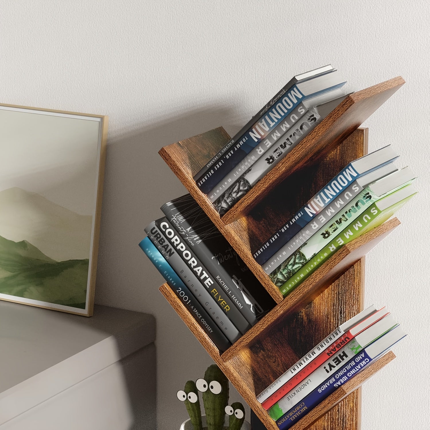 5-Tier Tree-Inspired Bookshelf - Space-Saving Wood Fiberboard Desktop Organizer with Storage, Perfect for Home Office, Living Room, or Bedroom - Holds Up to 33 lbs, Natural Brown Finish, LELELINKY