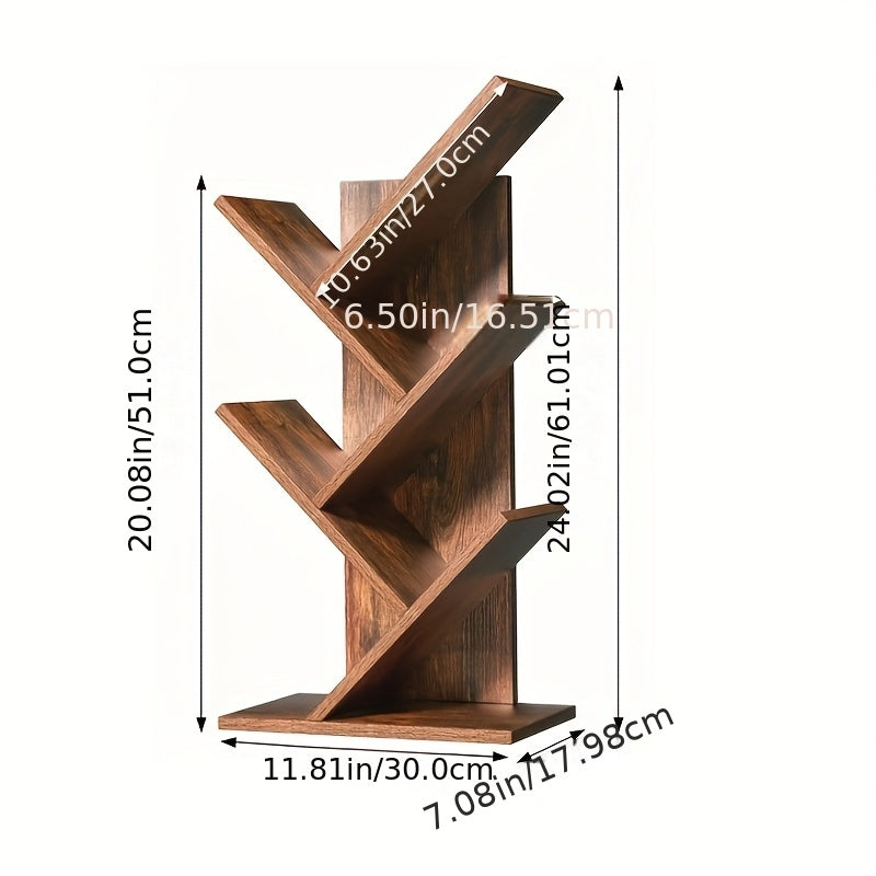 5-Tier Tree-Inspired Bookshelf - Space-Saving Wood Fiberboard Desktop Organizer with Storage, Perfect for Home Office, Living Room, or Bedroom - Holds Up to 33 lbs, Natural Brown Finish, LELELINKY