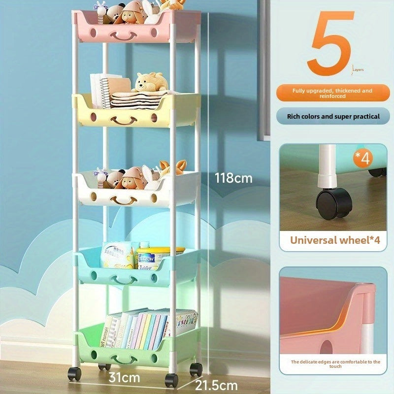 1 Cartoon Acrylic Multi-Layer Storage Rack with Wheels, Lacquered Finish, Mobile Storage Vehicle for Home, Bedroom, Dormitory - Ideal for Books, Snacks And Toys, Standing Shelf