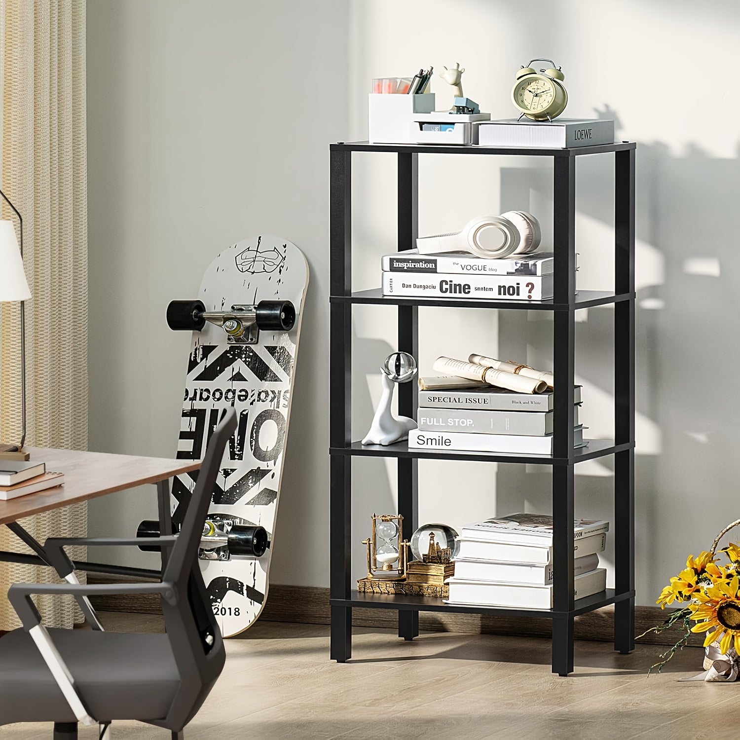 4 Tier Tall Wooden Bookshelf With Storage - Small Bookcase For Small Spaces, Small Shelf For Living Room, Office, Bedroom, Kitchen - Industrial Modern Black Book Shelf