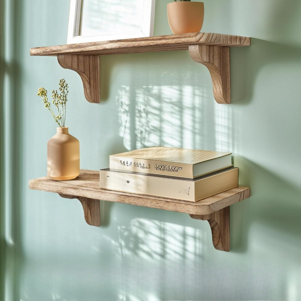 2pcs Rustic Wooden Wall Shelves - 16 Inches, Easy to Install Storage Shelf, Floating Bookshelf for Books, Plants, Candles, Home Organization, Hallway, Bedroom, Living Room & Bathroom Decorative Wall Rack, Perfect Gift Idea, Floating Shelves