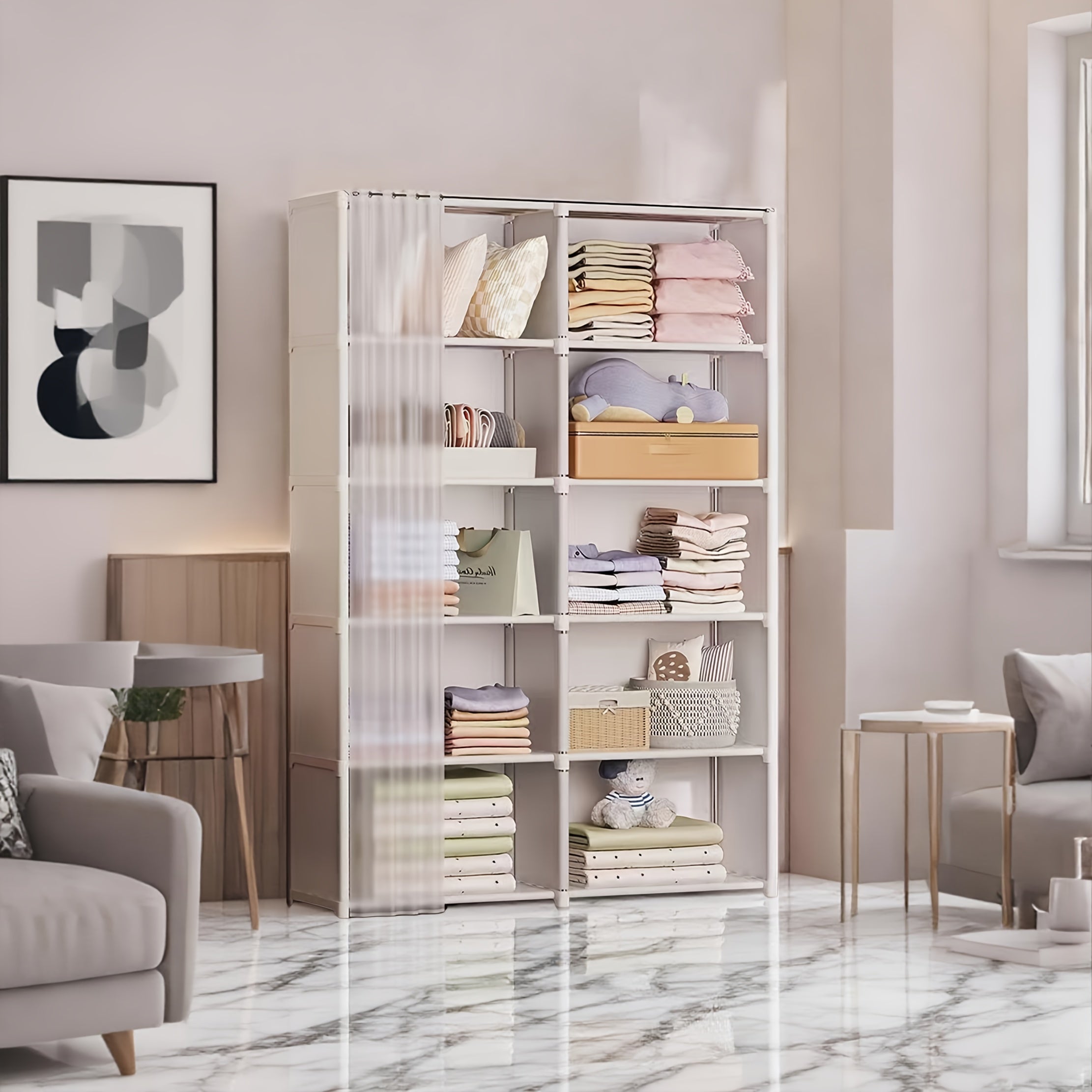 Large Capacity Bookcase Wardrobe - Heavy-Duty Plastic Modern White & Black Shelves, No Assembly Required, Freestanding Dustproof Storage Cabinet with 27\