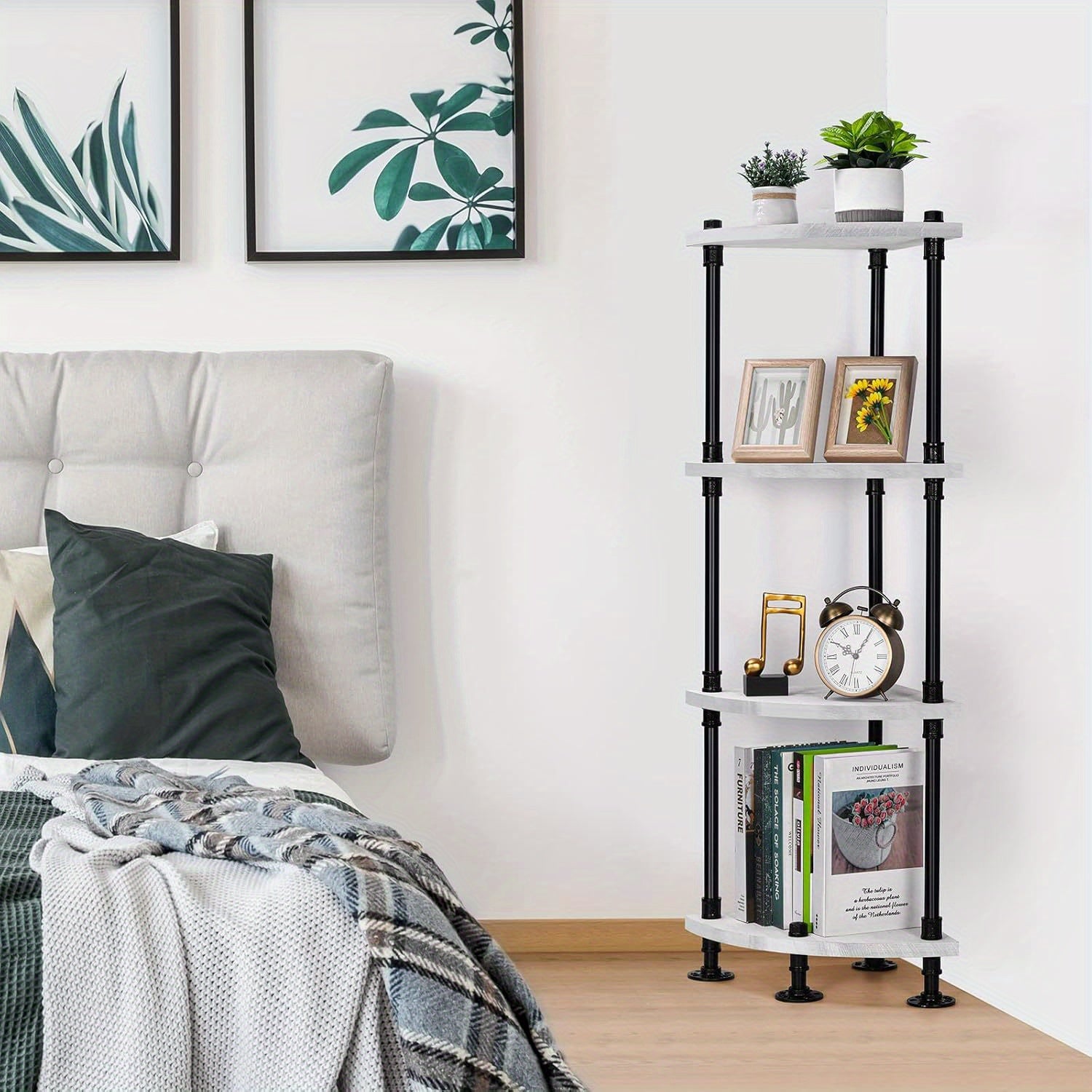 4-Tier Freestanding Corner Bookshelf & Plant Display Stand, Gray White Wood with Black Metal Frame – Multi-Purpose Storage Organizer for Bedroom, Living Room, Balcony, Office, or Hallway, Bookshelf Decorations, Mounted Closet Systems