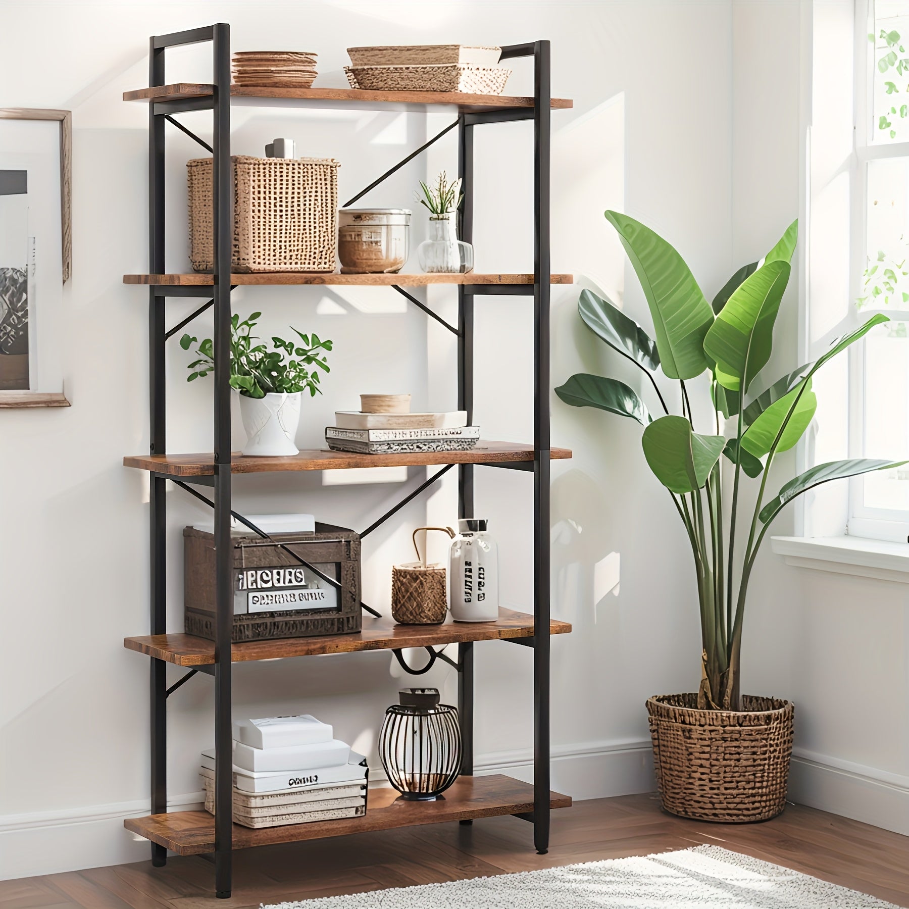 Five Layer Industrial Style Bookshelf - Retro Brown And Black Metal Frame, Stable Design, High-quality Scratch Resistant, Easy To Clean, Suitable For Offices, And Study Rooms - Easy To Assemble