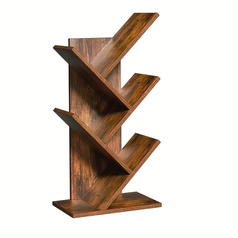 5-Tier Tree-Inspired Bookshelf - Space-Saving Wood Fiberboard Desktop Organizer with Storage, Perfect for Home Office, Living Room, or Bedroom - Holds Up to 33 lbs, Natural Brown Finish, LELELINKY