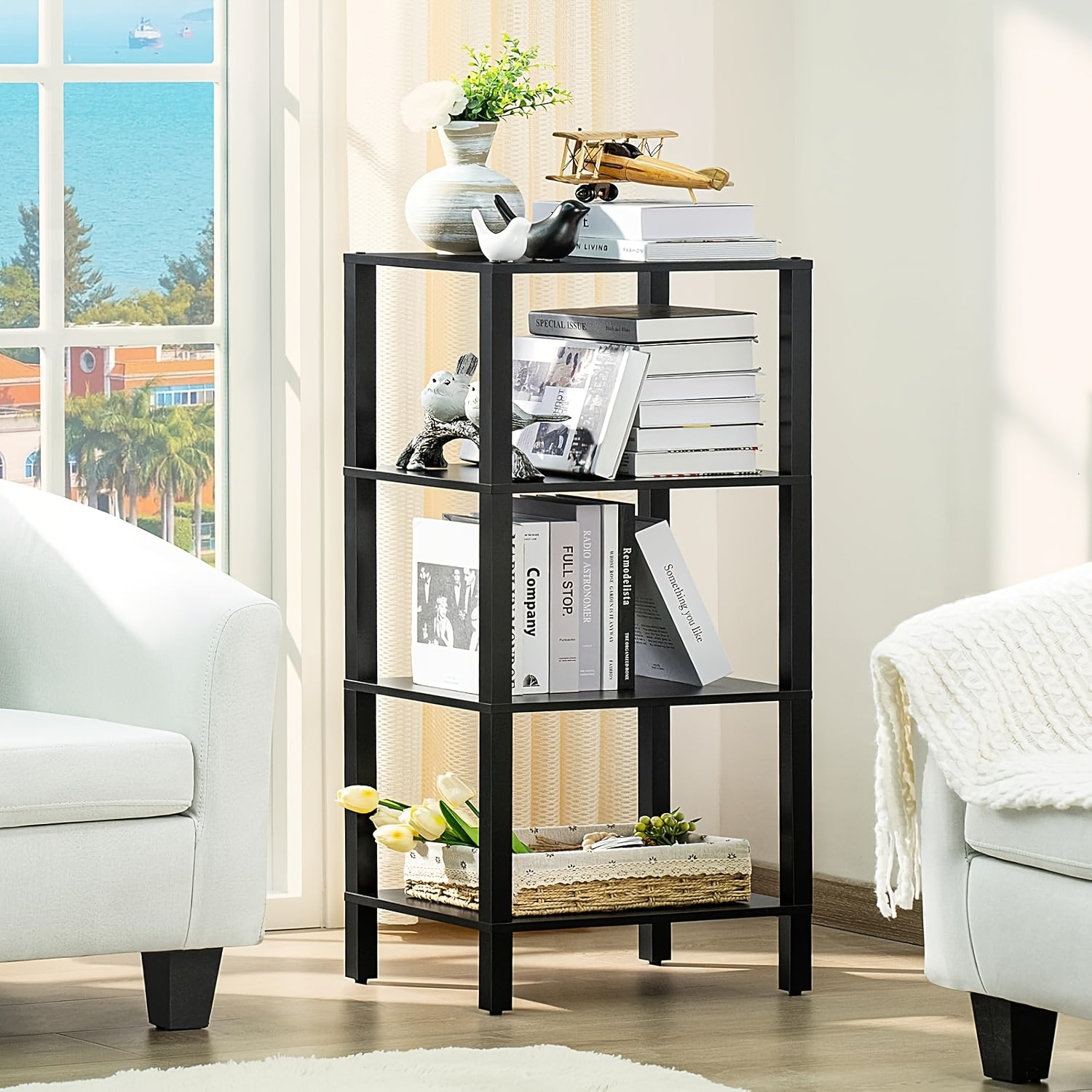 4 Tier Tall Wooden Bookshelf With Storage - Small Bookcase For Small Spaces, Small Shelf For Living Room, Office, Bedroom, Kitchen - Industrial Modern Black Book Shelf