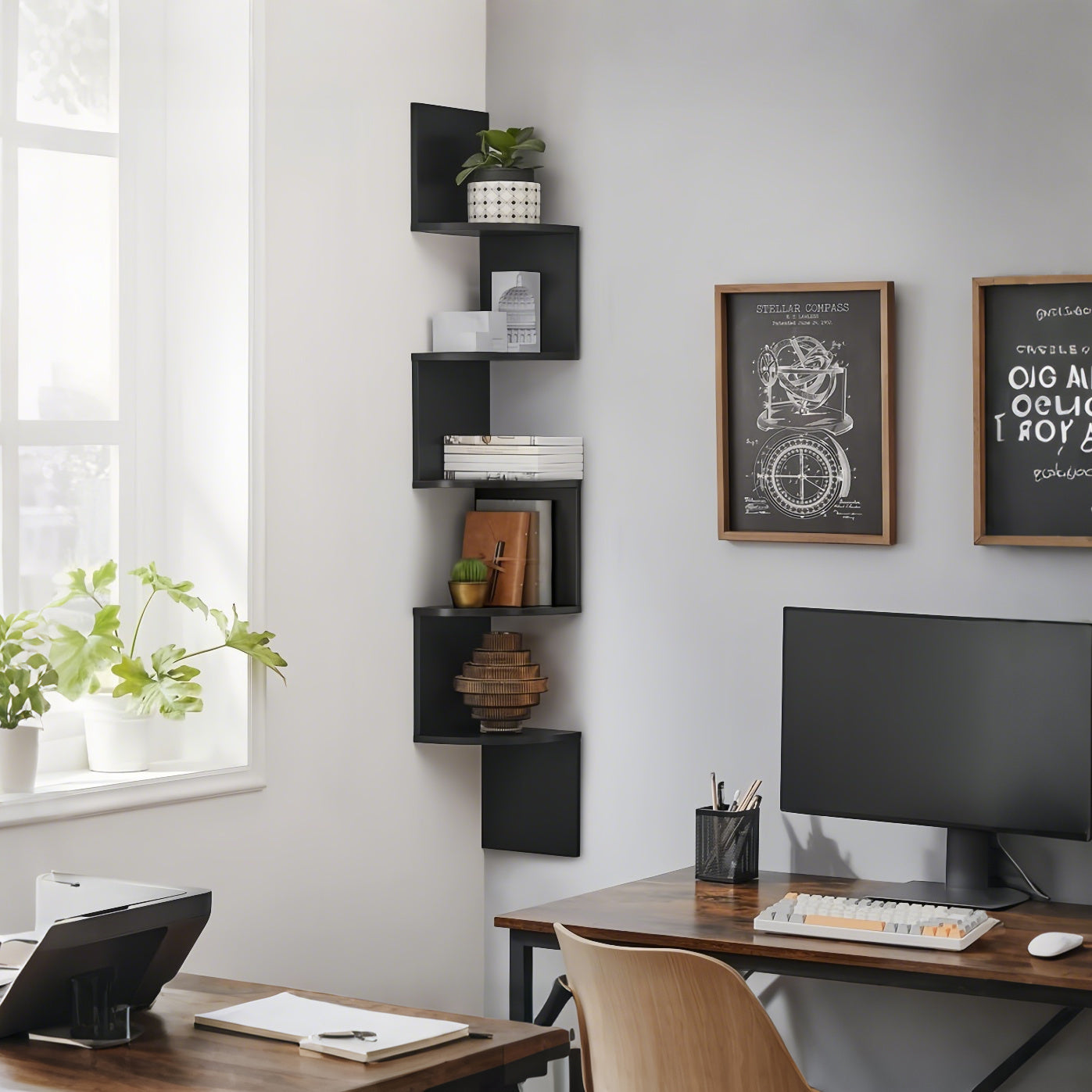 Corner Shelf Wall Mount, 5-Tier Floating Corner Bookshelf, Plant Shelf for Bedroom, Living Room, Bathroom, Home Office, Ink Black, Corner Shelf Stand, Corner Shelf for Living Room