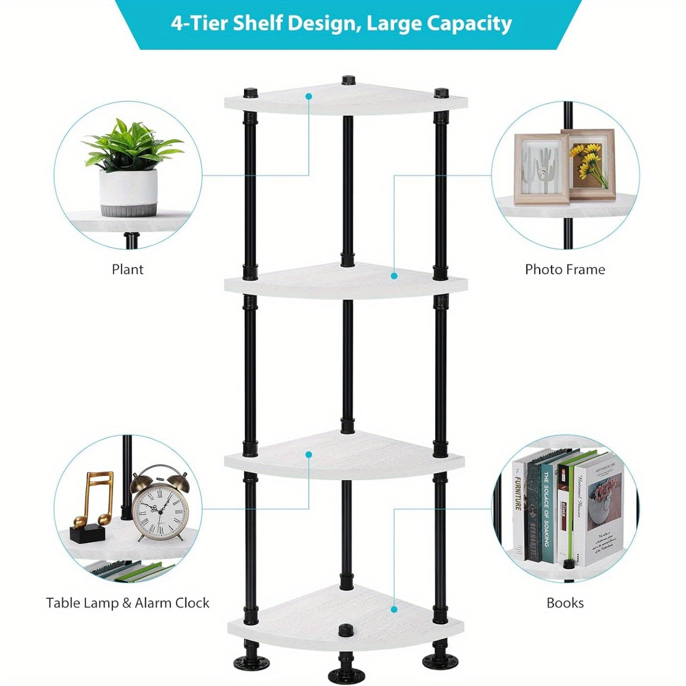 4-Tier Freestanding Corner Bookshelf & Plant Display Stand, Gray White Wood with Black Metal Frame – Multi-Purpose Storage Organizer for Bedroom, Living Room, Balcony, Office, or Hallway, Bookshelf Decorations, Mounted Closet Systems