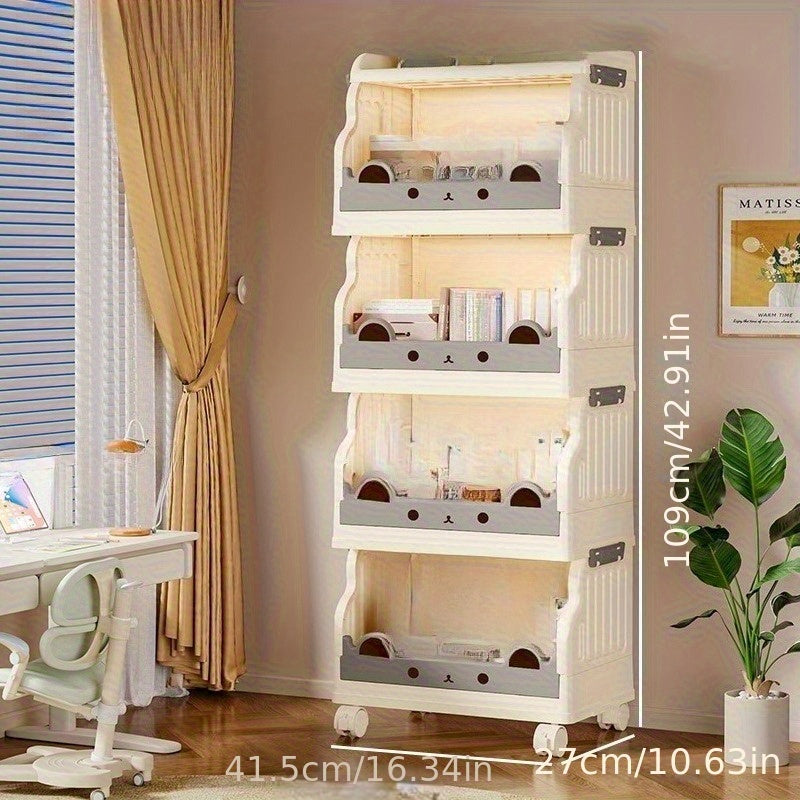 Freestanding Modular Storage Cabinet with Wheels & Foldable Design - White & Gray Plastic Organizer for Books, Magazines, Decor - Space-Saving Multi-Purpose Home & Office Furniture, Bookshelf Furniture, Decorative Shelving, Easy Assembly Storage