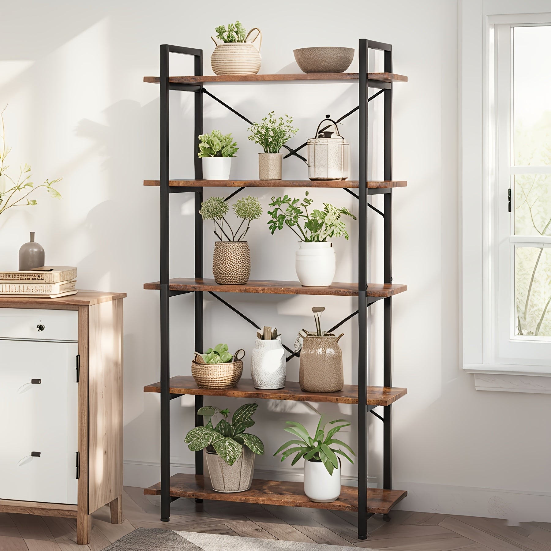 Five Layer Industrial Style Bookshelf - Retro Brown And Black Metal Frame, Stable Design, High-quality, Easy To Clean, Suitable For Offices, And Study Rooms - Easy To Assemble-Bookshelf