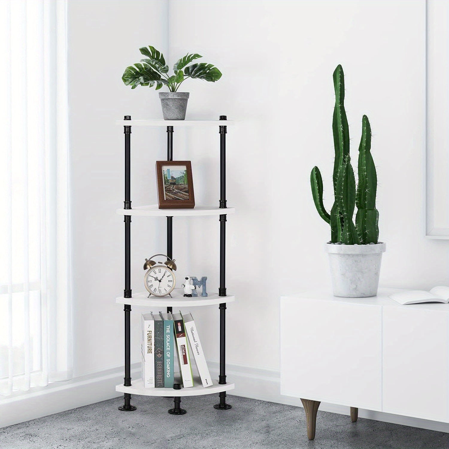 4-Tier Freestanding Corner Bookshelf & Plant Display Stand, Gray White Wood with Black Metal Frame – Multi-Purpose Storage Organizer for Bedroom, Living Room, Balcony, Office, or Hallway, Bookshelf Decorations, Mounted Closet Systems
