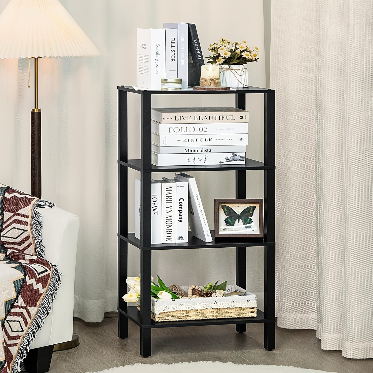 4 Tier Tall Wooden Bookshelf With Storage - Small Bookcase For Small Spaces, Small Shelf For Living Room, Office, Bedroom, Kitchen - Industrial Modern Black Book Shelf