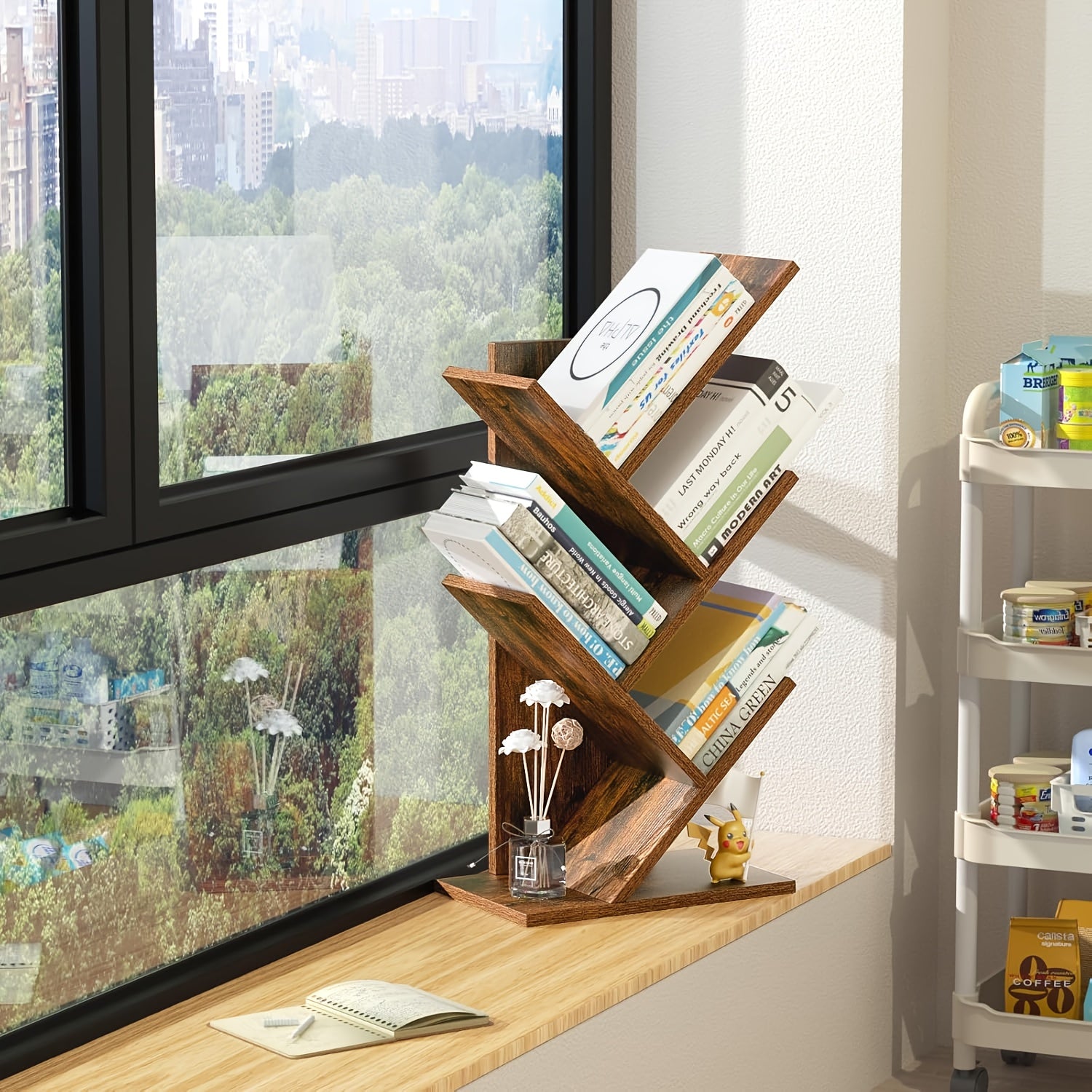 5-Tier Tree-Inspired Bookshelf - Space-Saving Wood Fiberboard Desktop Organizer with Storage, Perfect for Home Office, Living Room, or Bedroom - Holds Up to 33 lbs, Natural Brown Finish, LELELINKY