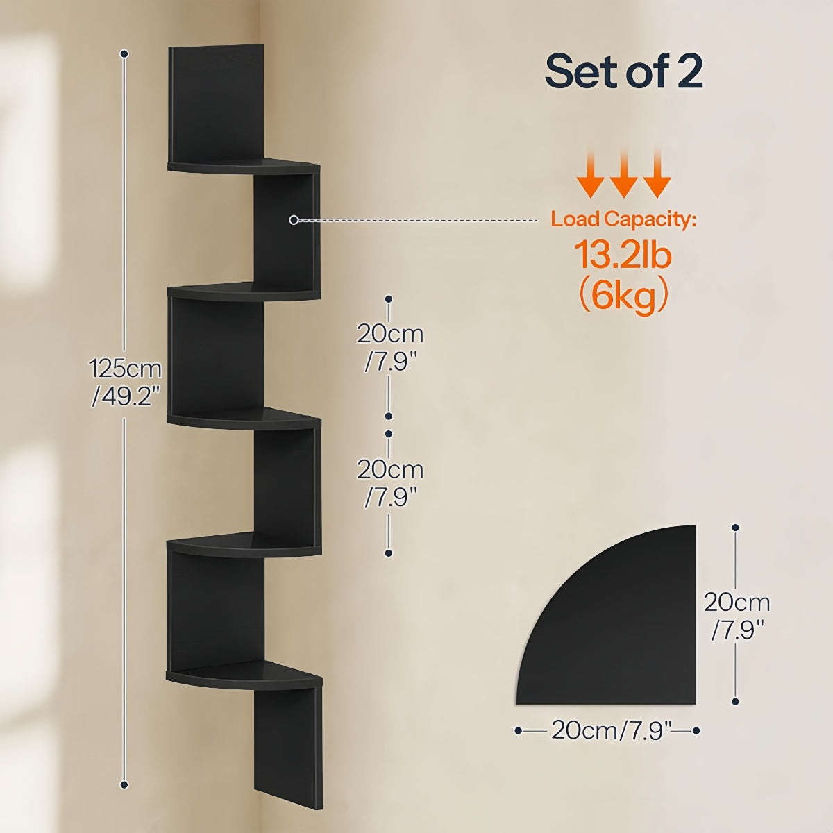 Corner Shelf Wall Mount, 5-Tier Floating Corner Bookshelf, Plant Shelf for Bedroom, Living Room, Bathroom, Home Office, Ink Black, Corner Shelf Stand, Corner Shelf for Living Room