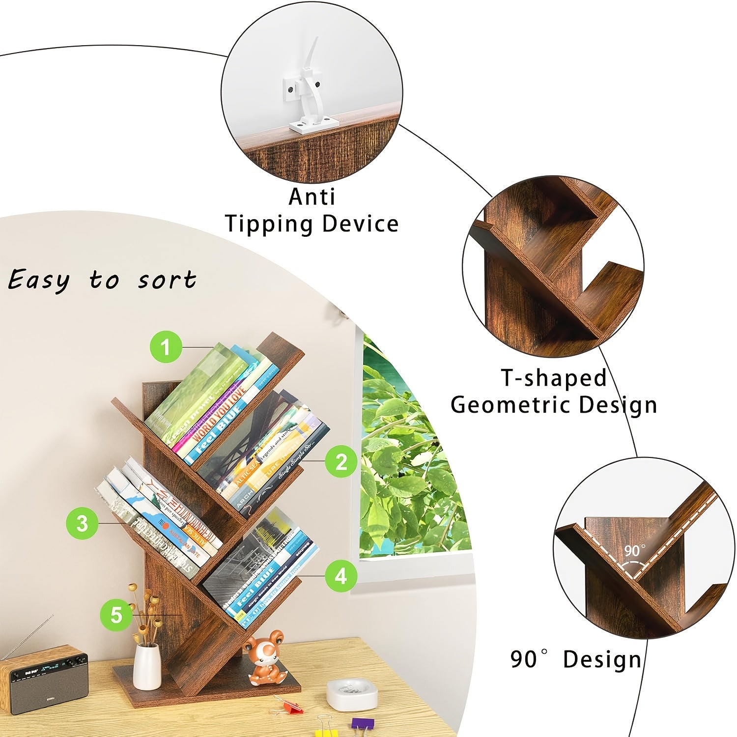 5-Tier Tree-Inspired Bookshelf - Space-Saving Wood Fiberboard Desktop Organizer with Storage, Perfect for Home Office, Living Room, or Bedroom - Holds Up to 33 lbs, Natural Brown Finish, LELELINKY