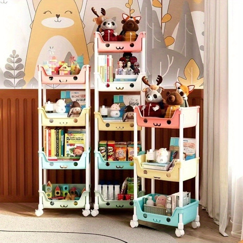 1 Cartoon Acrylic Multi-Layer Storage Rack with Wheels, Lacquered Finish, Mobile Storage Vehicle for Home, Bedroom, Dormitory - Ideal for Books, Snacks And Toys, Standing Shelf