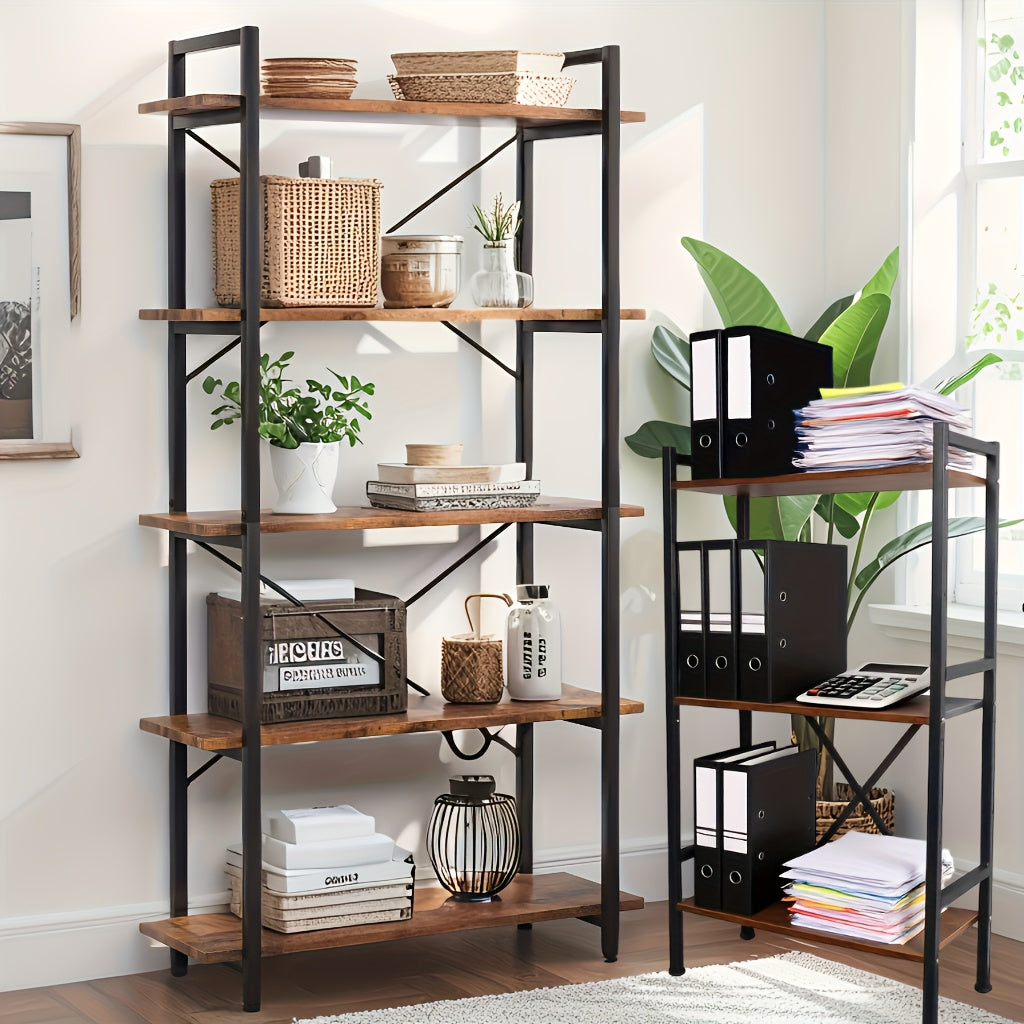 3-Tier\u002F5-Tier Metal Bookshelf - Rustic Brown Modern Classic Design, 27\