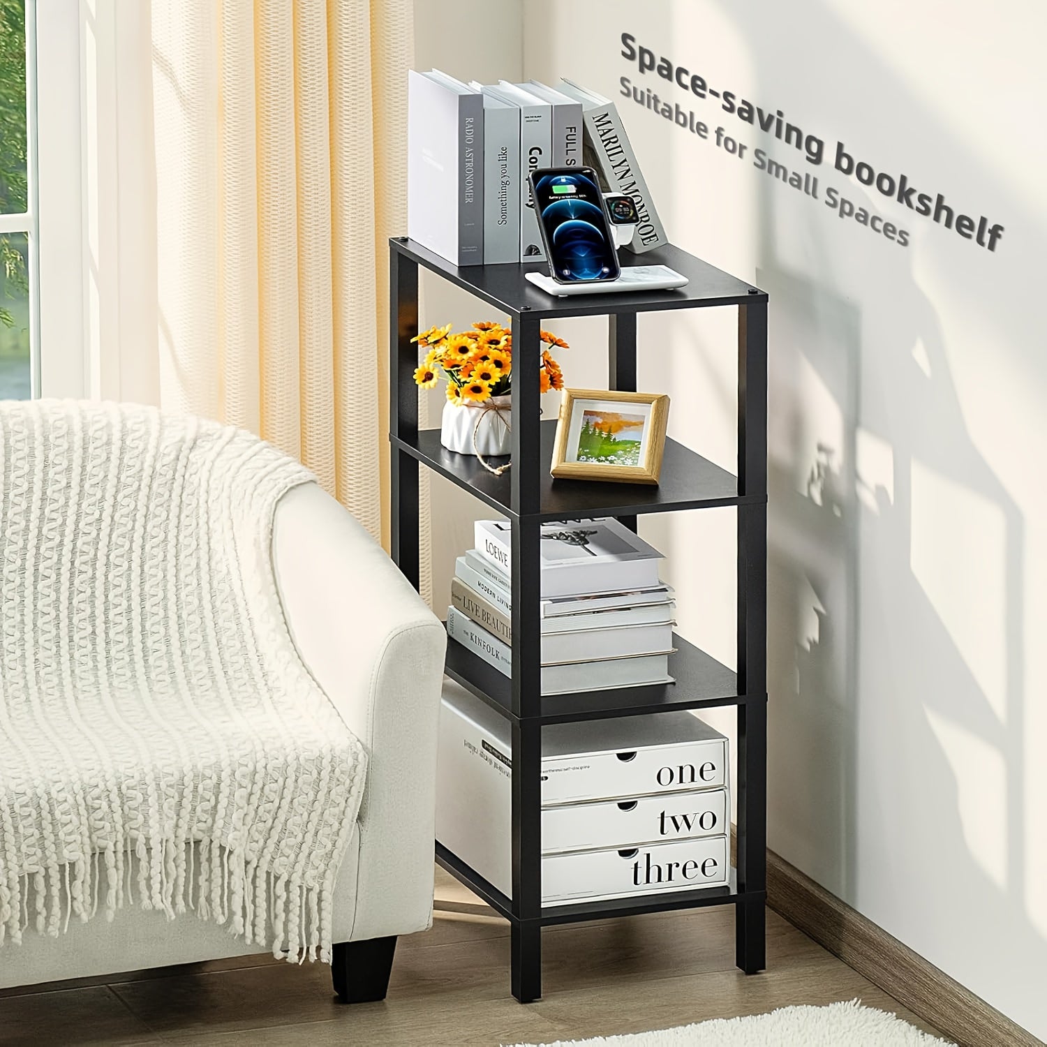 4 Tier Tall Wooden Bookshelf With Storage - Small Bookcase For Small Spaces, Small Shelf For Living Room, Office, Bedroom, Kitchen - Industrial Modern Black Book Shelf