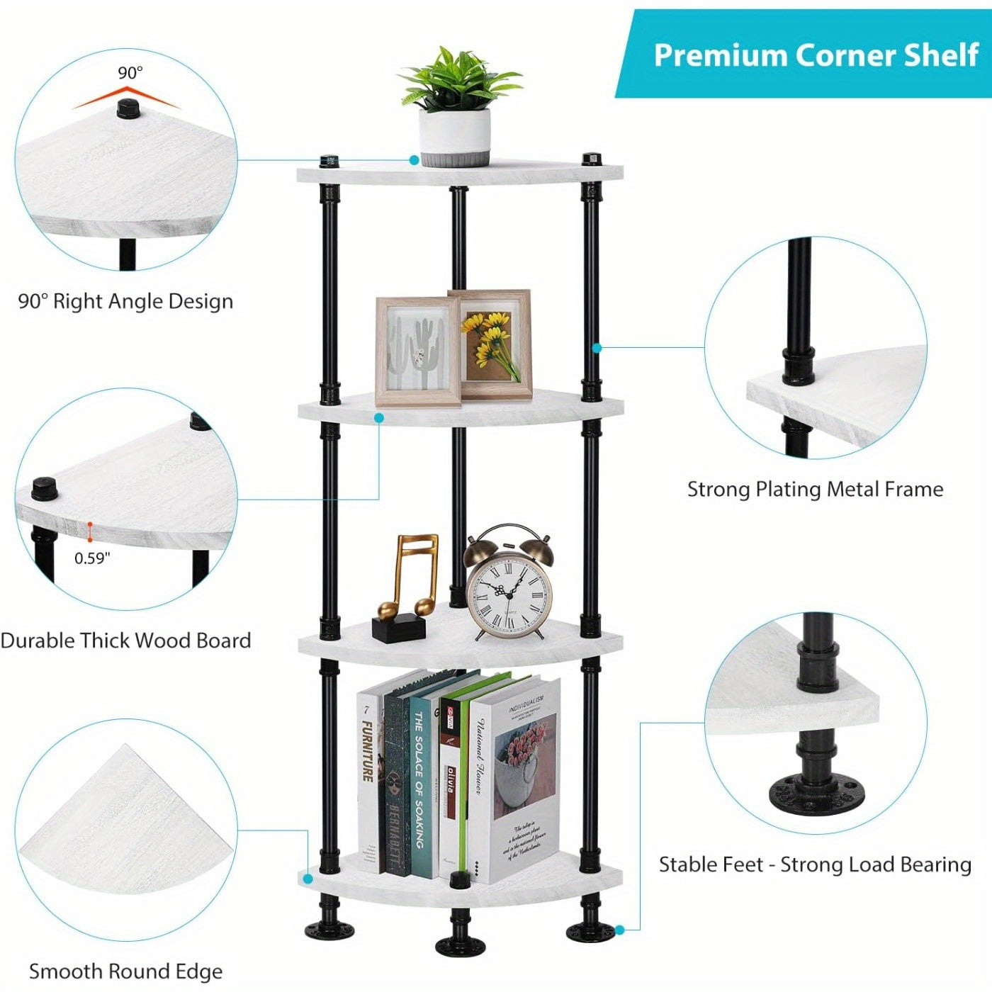 4-Tier Freestanding Corner Bookshelf & Plant Display Stand, Gray White Wood with Black Metal Frame – Multi-Purpose Storage Organizer for Bedroom, Living Room, Balcony, Office, or Hallway, Bookshelf Decorations, Mounted Closet Systems
