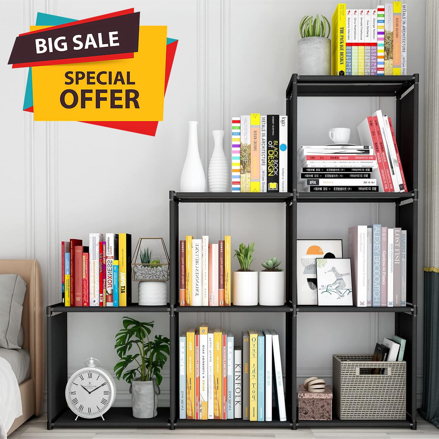 6-Cube Black Metal Bookshelf - Large Capacity, Multifunctional Storage Organizer with Easy Assembly for Home Office, Living Room, Bedroom Decor, Bookshelf Decorations