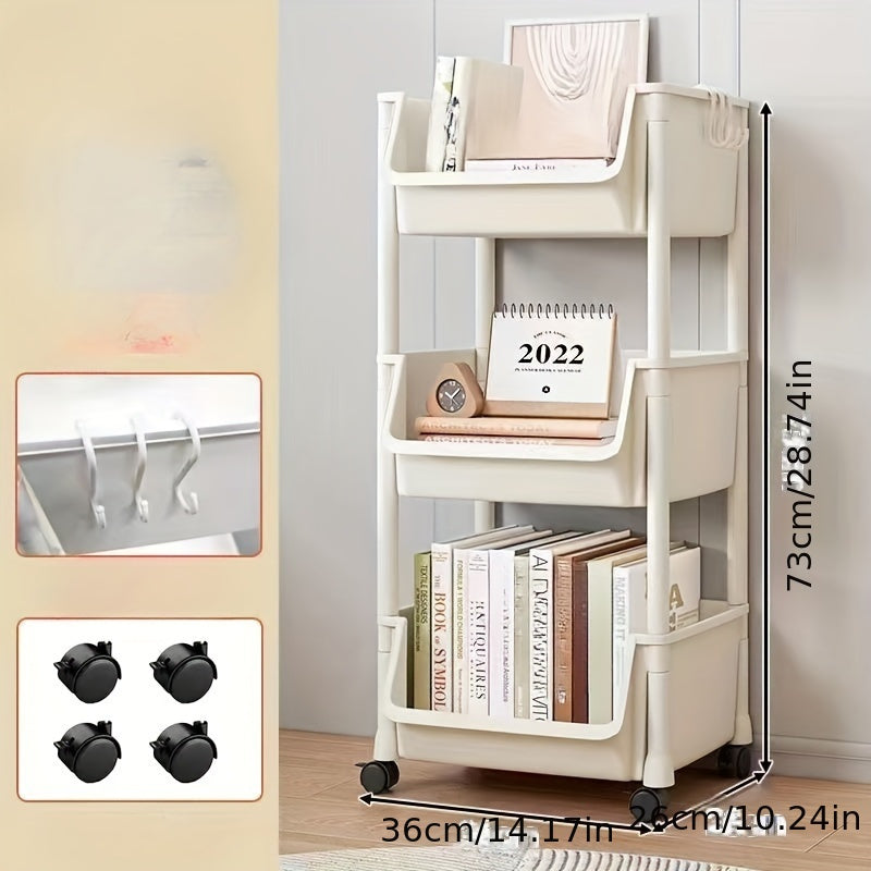 Multi-Purpose Storage Rack With Wheels, Space-Saving Organizer Shelf For Books, Toys, Snacks, Bathroom, Living Room, Office, And Study Room, Easy To Move Vertical Bookshelf