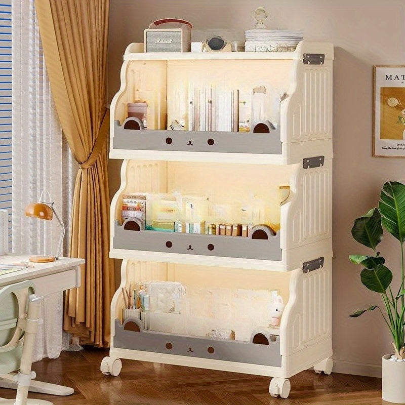 Freestanding Modular Storage Cabinet with Wheels & Foldable Design - White & Gray Plastic Organizer for Books, Magazines, Decor - Space-Saving Multi-Purpose Home & Office Furniture, Bookshelf Furniture, Decorative Shelving, Easy Assembly Storage