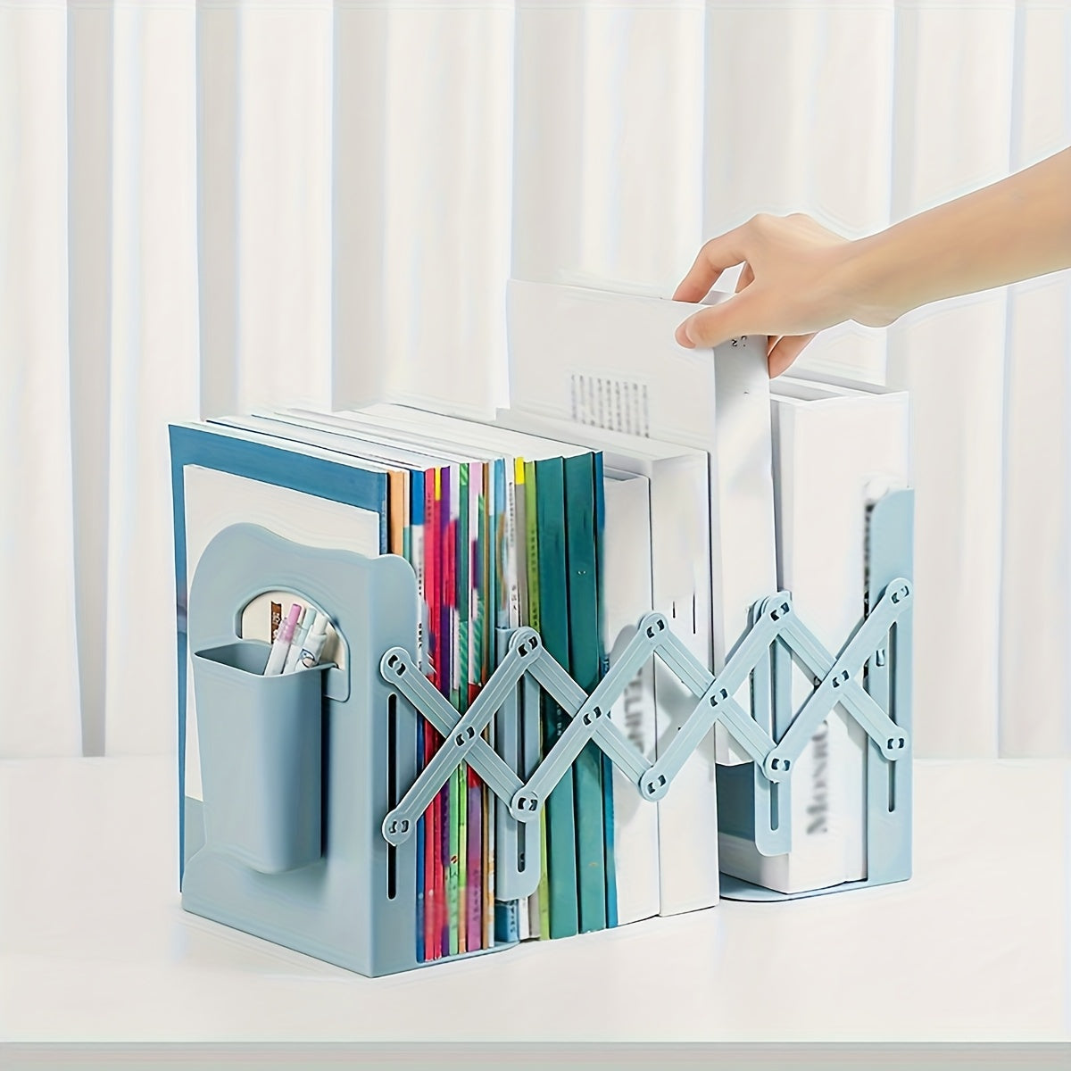 1pc, adjustable white ABS bookshelf for multiple books, modern decor for students and readers, perfect for office use, complete with clips and stands - expandable design